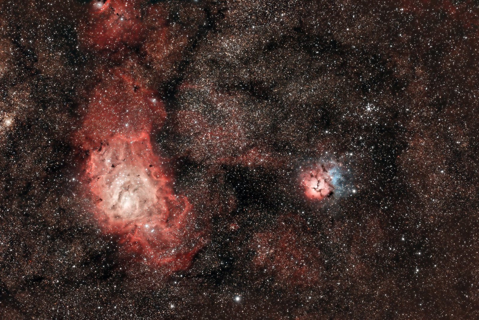 Lagoon and Trifid nebulae (M8, M20), RGB